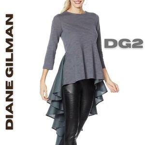 DG2 Diane Gilman Hi-Low Top w/Pleated Back Flowy Dramatic 3/4 Sleeve Size Small